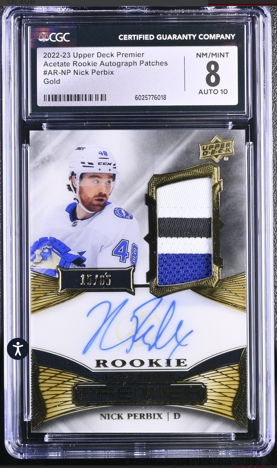 ‼️2022-23 Upper Deck Premier Acetate Rookie Auto Patch Nick Perbix Gold 15/65💨