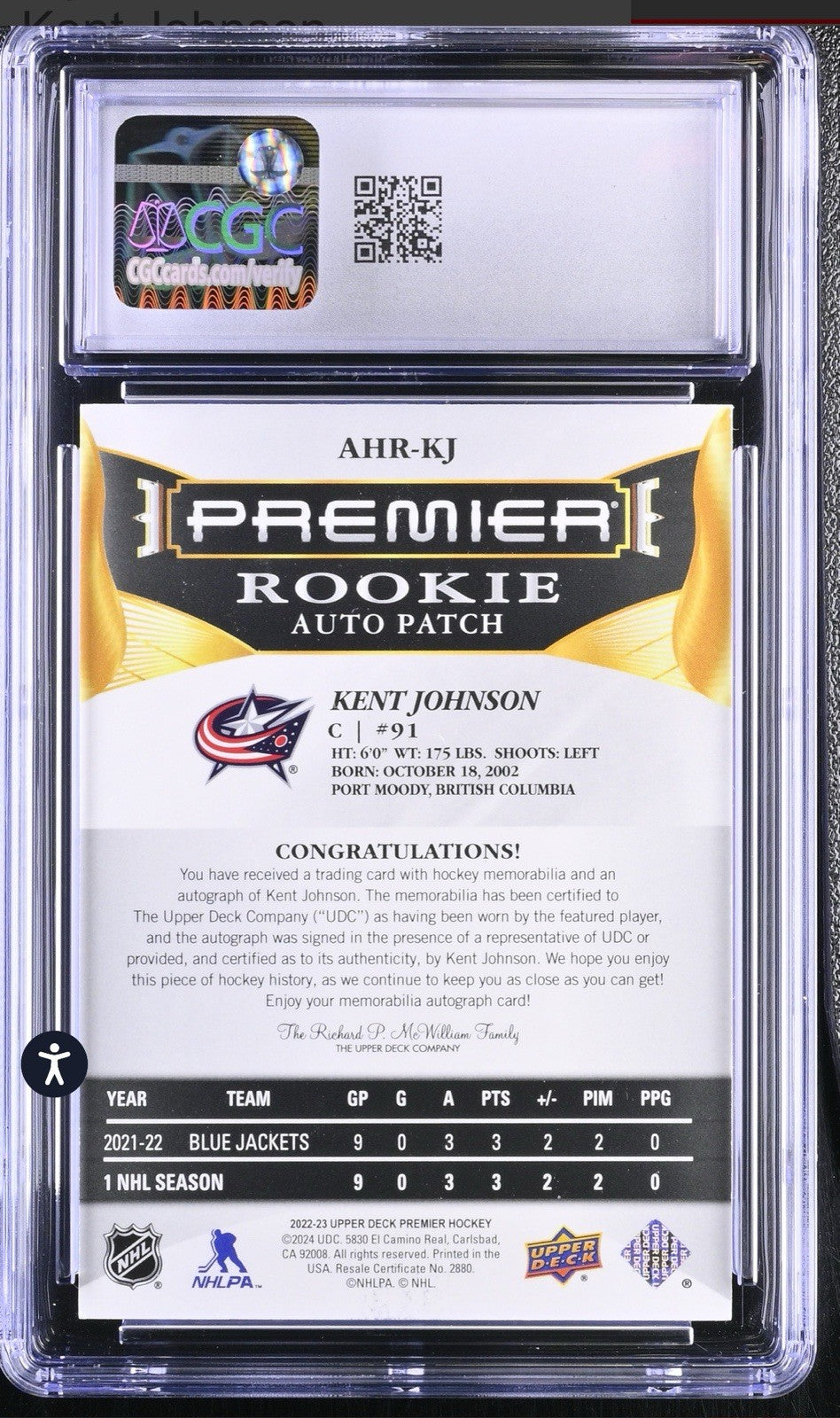 ‼️2022-23 Upper Deck Premier - Acetate Rookie Auto Patch Kent Johnson 76/99💨