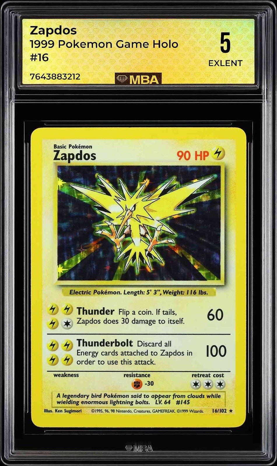 ⚠️ Zapdos 016/102 Pokemon Base Set Holo~ MBA GRADE 5~ FAST SHIP SHOOT OFFER!💨