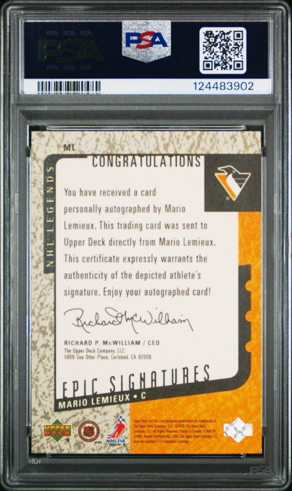 ‼️2000 U.D. LEGENDS MARIO LEMIEUX EPIC SIGNATURES PSA 8~VIBRANT BLUE AUTO POP 4