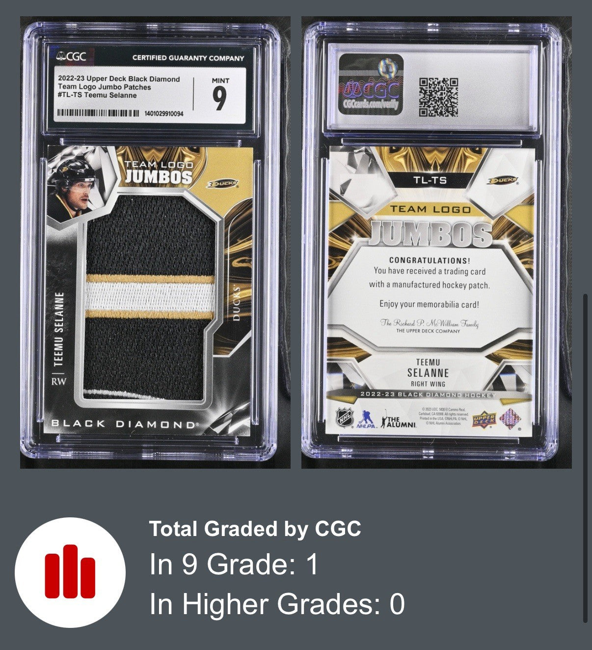 ‼️2022-23 Black Diamond - Team Logo Jumbo Manufactured Patches Teemu GRADE 9!💨
