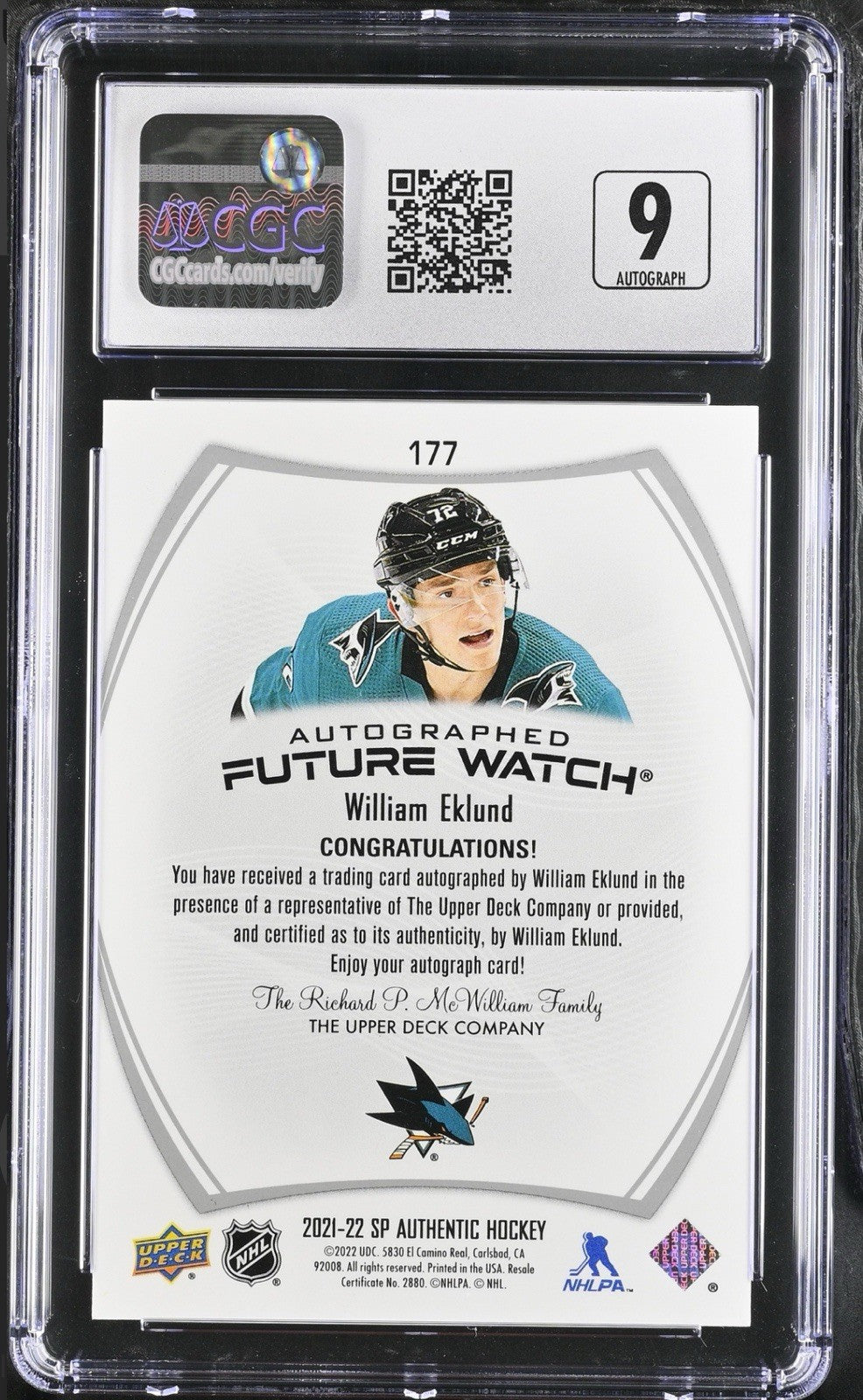 ‼️2021-22 SP Authentic Autographed Future Watch William Eklund GRADE 10~POP 1!💨