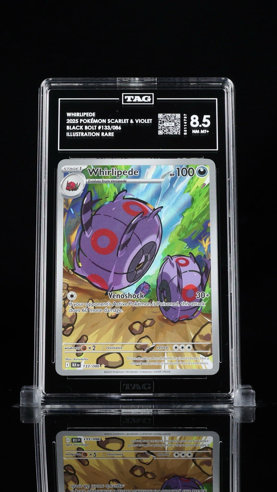 ‼️WHIRLIPEDE 2025 POKÉMON SCARLET & VIOLET BLACK BOLT #133/086~ TAG GRADE 8.5!💨
