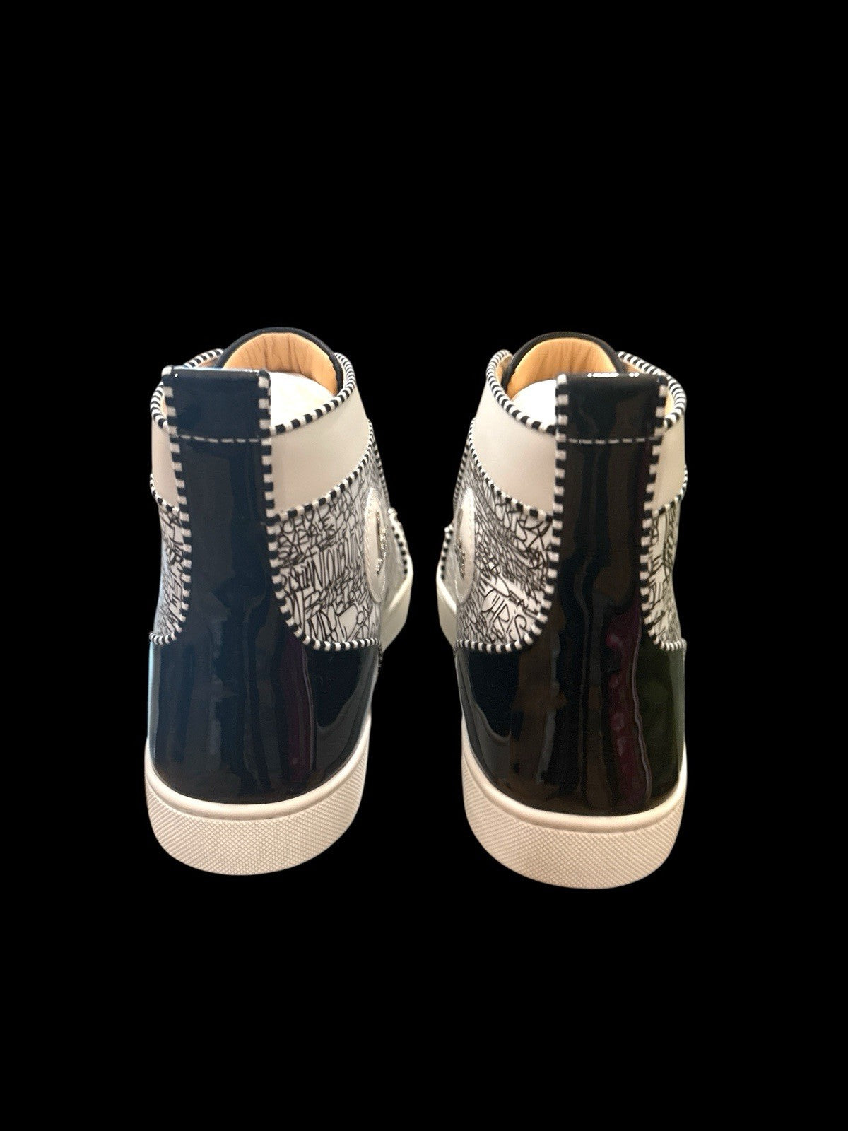🚨CHRISTIAN LOUBOUTIN~LOU SPIKES ORLATO FLAT HIGH TOP RARE BLACK & WHITE SZ 47💨