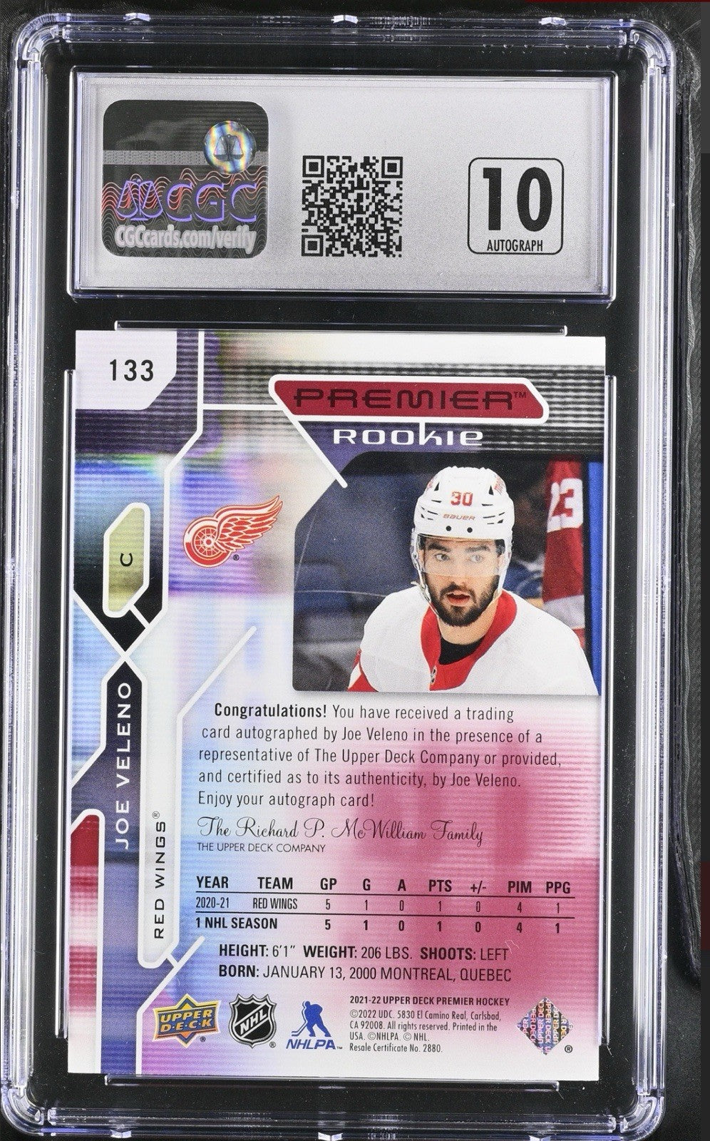 ‼️2021-22 Upper Deck Premier Rookies Joe Veleno #133~GRADE 8.5~AUTO 10~POP 1💨