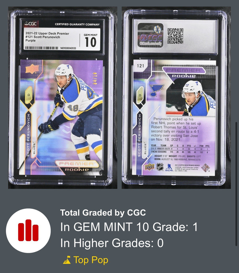 ‼️2021-22 UD Premier #121 Scott Perunovich Purple~POP 1~GRADE 10~SHOOT OFFER💨