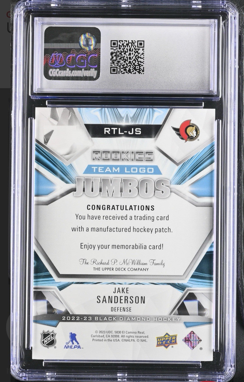 ‼️2022-23 UD JAKE SANDERSON Black Diamond Rookie Team Logo Jumbo GRADE 9~POP 1💨
