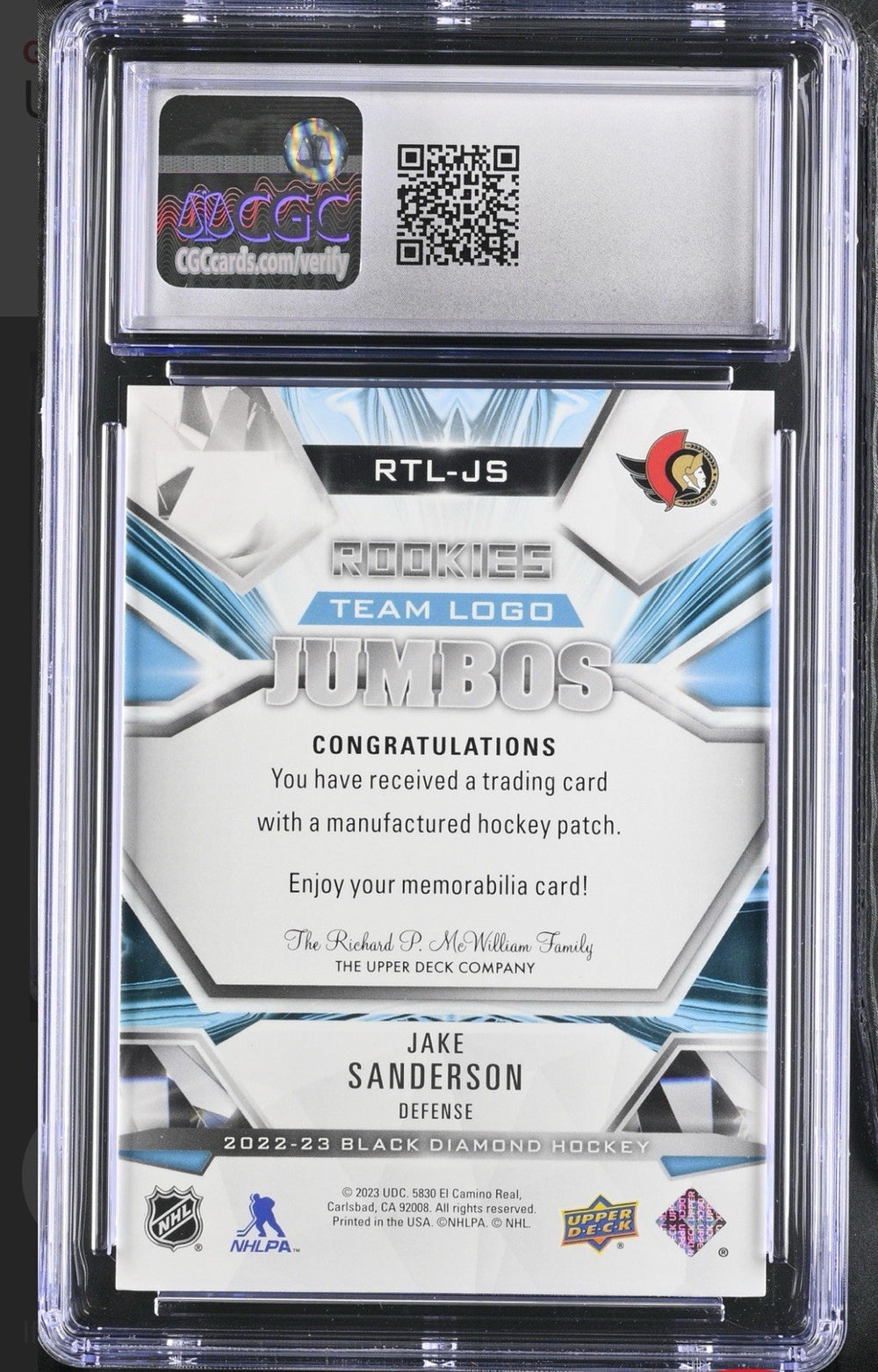 ‼️2022-23 UD JAKE SANDERSON Black Diamond Rookie Team Logo Jumbo GRADE 9~POP 1💨