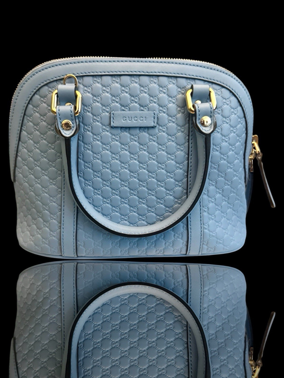 🌀 RARE NEW W/ TAGS GUCCI Baby Blue Microguccissima Leather Top Handle Bag💨