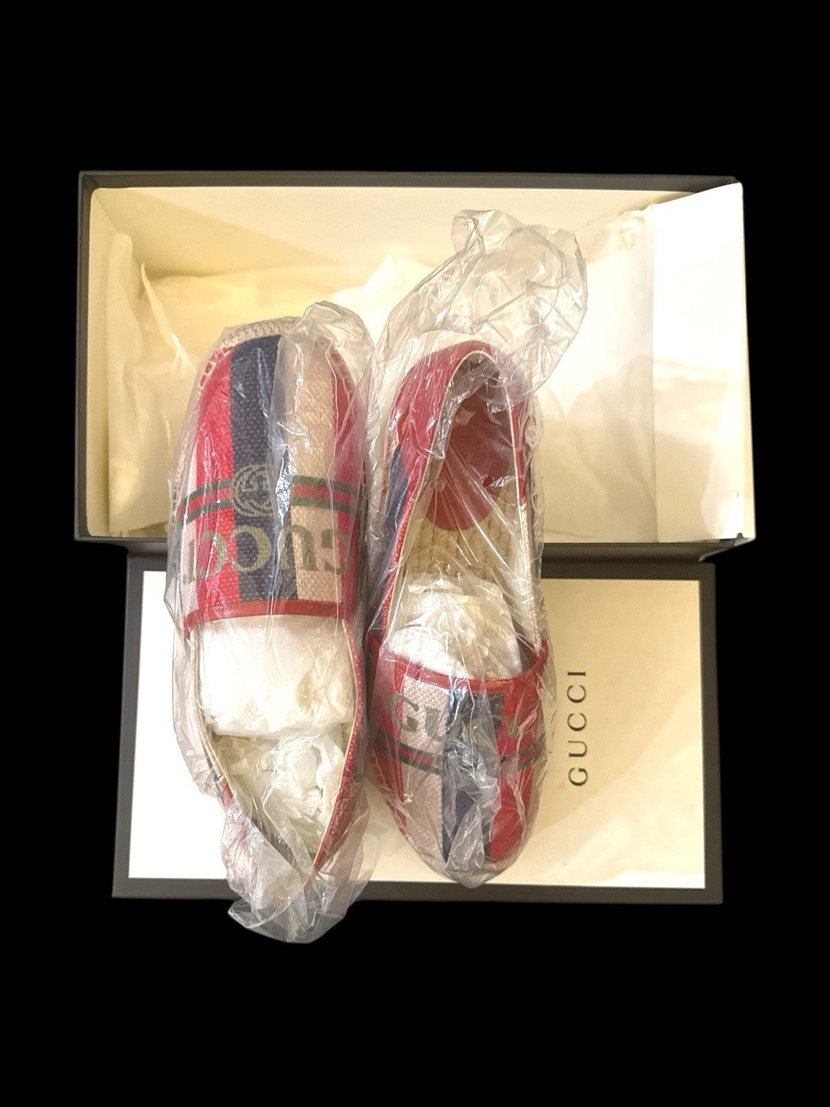‼️Gucci Sylvie Canvas Leather Red White Blue Logo Stripe Espadrille Shoes SIZE 8