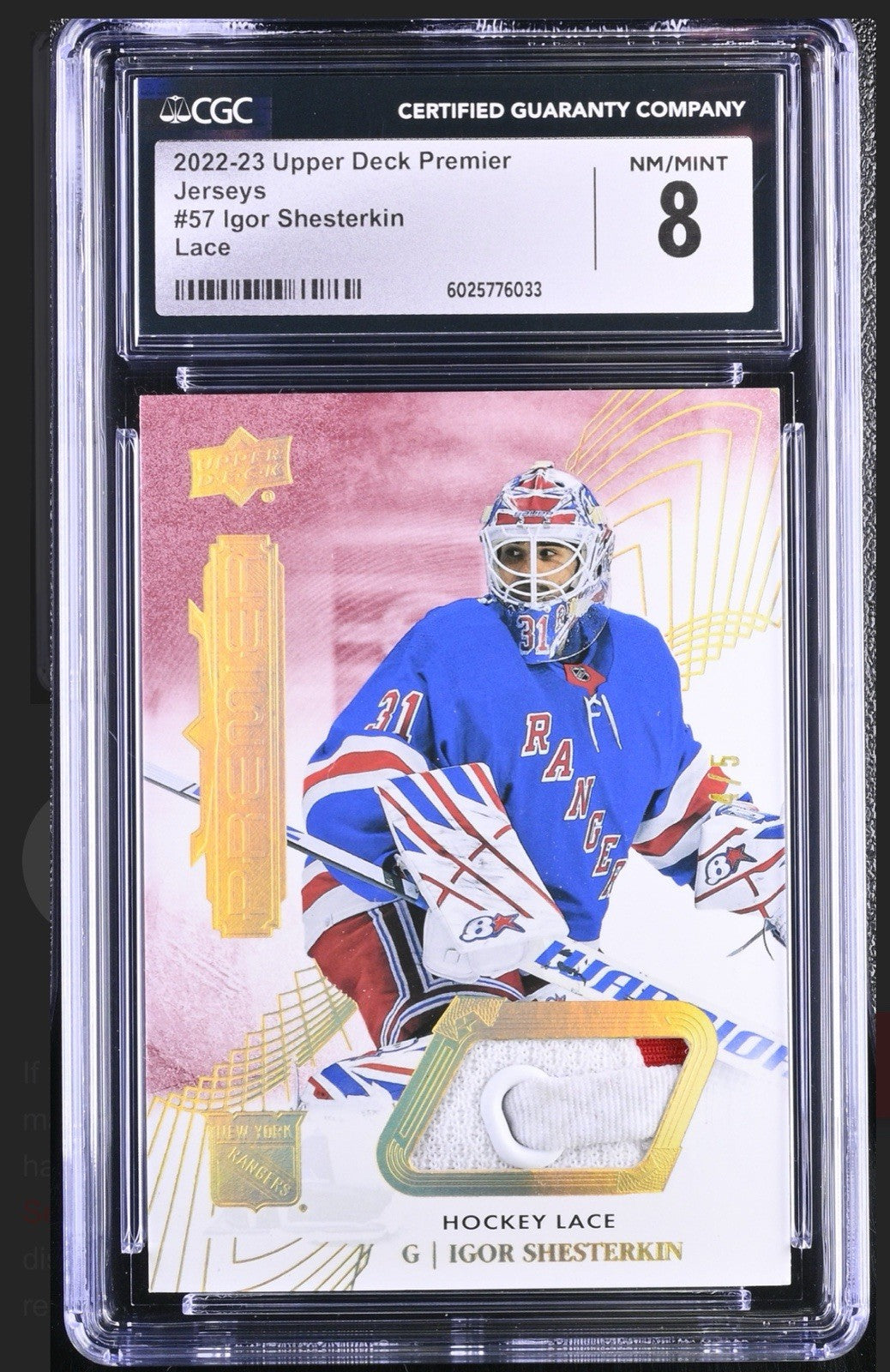 ‼️2022-23 Upper Deck Premier-Igor Shesterkin #57 JERSEY LACE 4/5 GRADE 8~POP 1💨