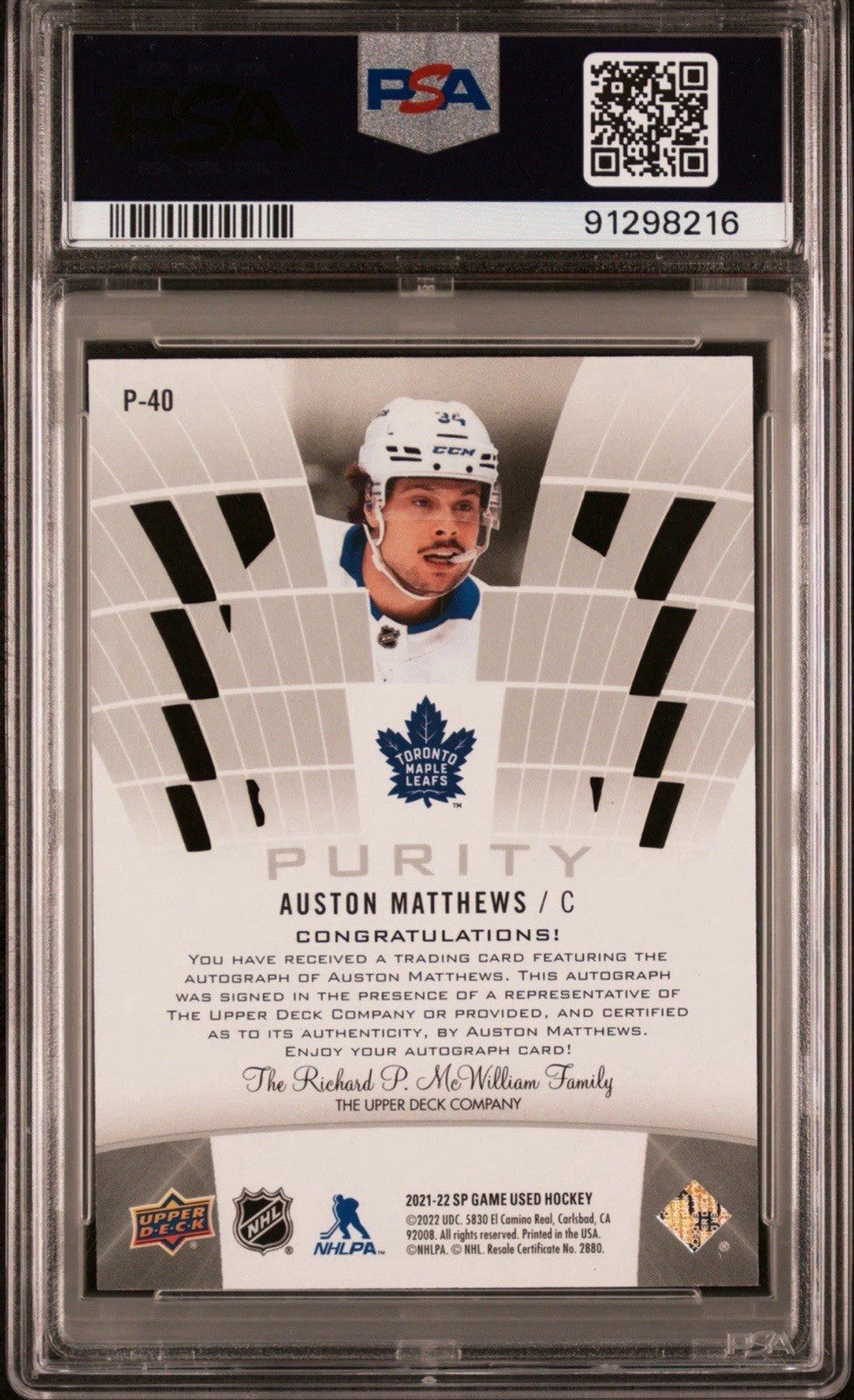 ‼️2021 SP GAME USED AUSTON MATTHEWS PURITY-AUTOGRAPH PSA GRADE 10!💨