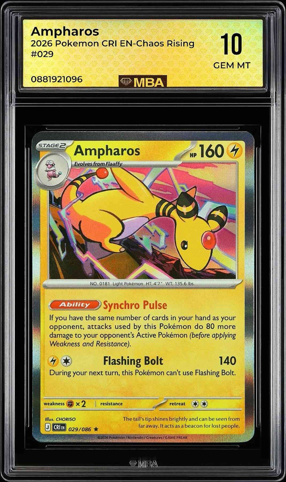 ⚠️ Ampharos #029 Pokemon Chaos Rising Holo~MBA GRADE 10~FAST SHIP SHOOT OFFER!💨