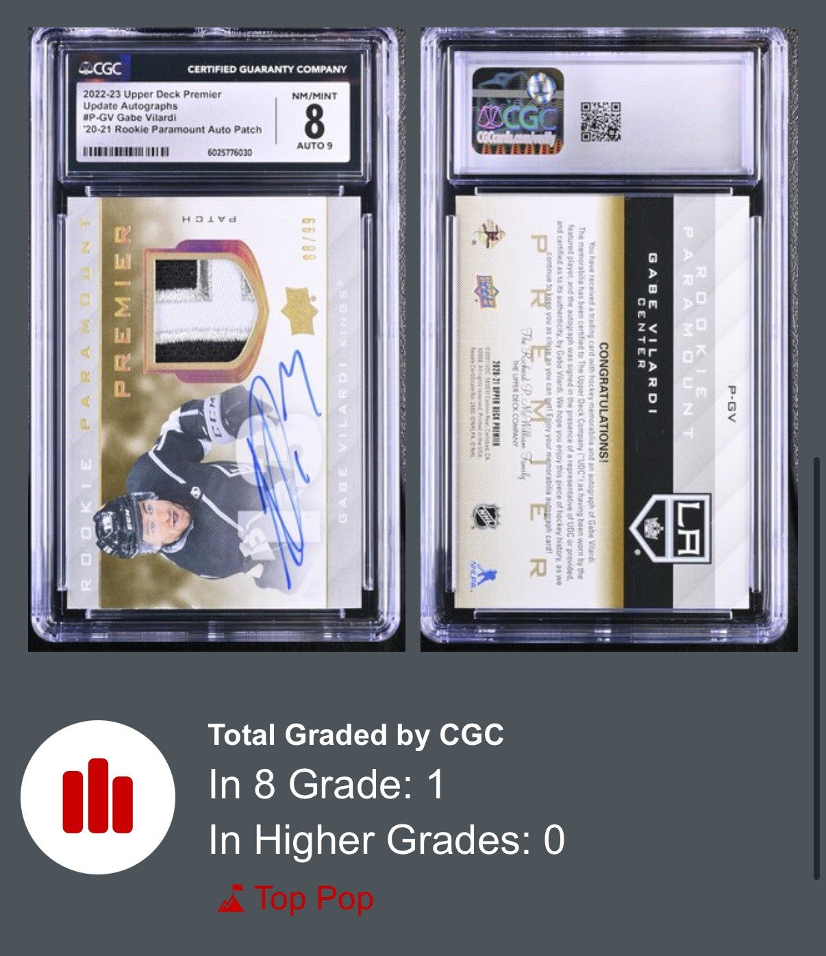 ‼️2022-23 UD Premier Update AUTO #P-GV Gabe Vilardi GRADE 8~POP 1~SHOOT OFFER💨