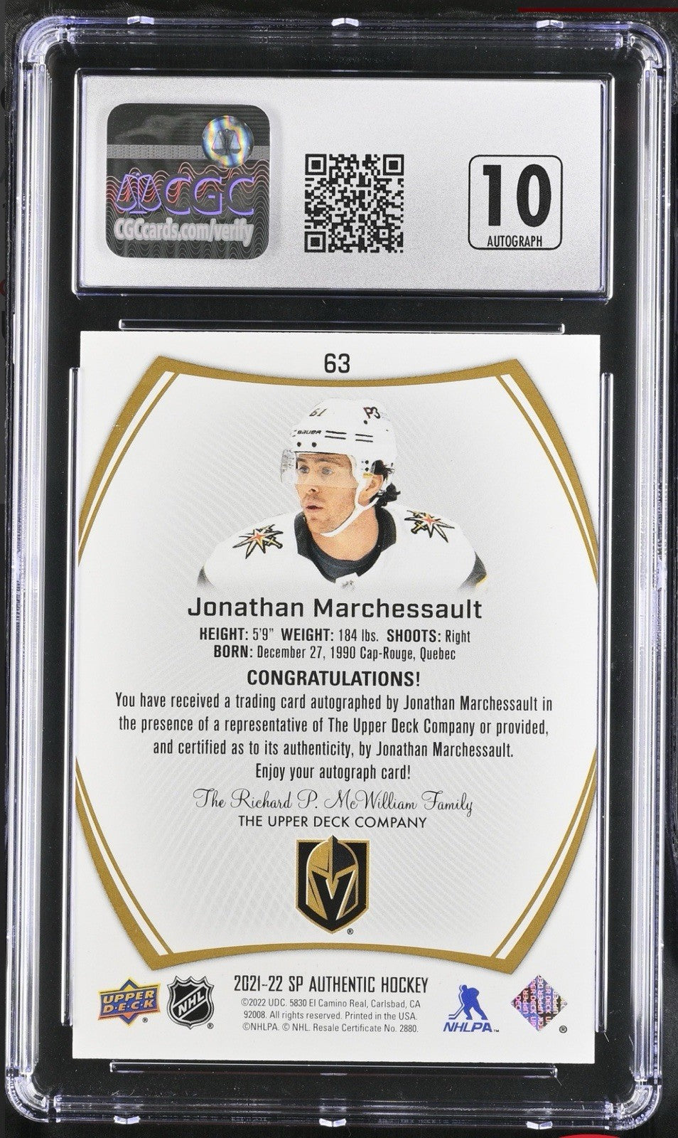 ‼️2021 SP Authentic Limited #63 Jonathan Marchessault GRADE 10~AUTO 10~POP 1!💨