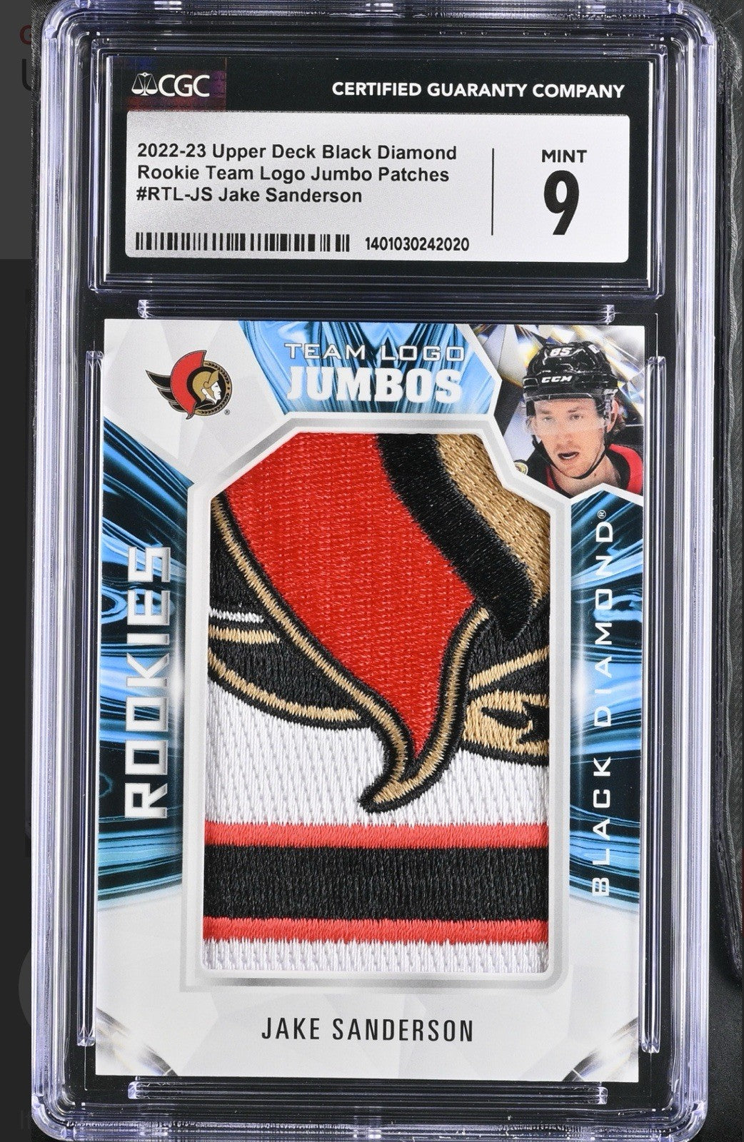 ‼️2022-23 UD JAKE SANDERSON Black Diamond Rookie Team Logo Jumbo GRADE 9~POP 1💨