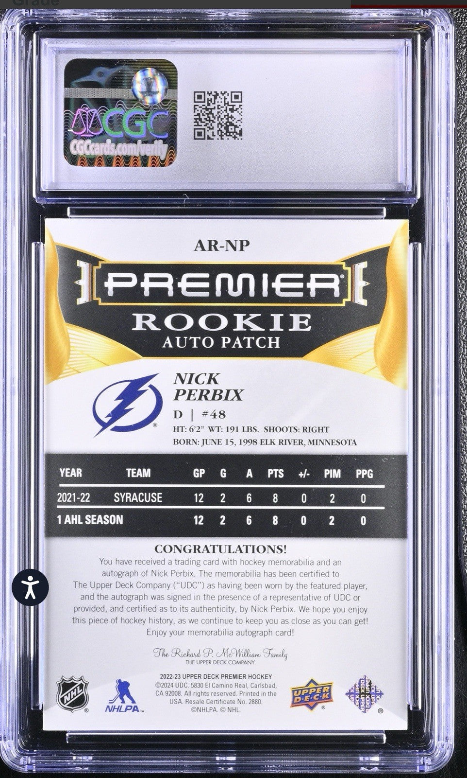‼️2022-23 Upper Deck Premier Acetate Rookie Auto Patch Nick Perbix Gold 15/65💨