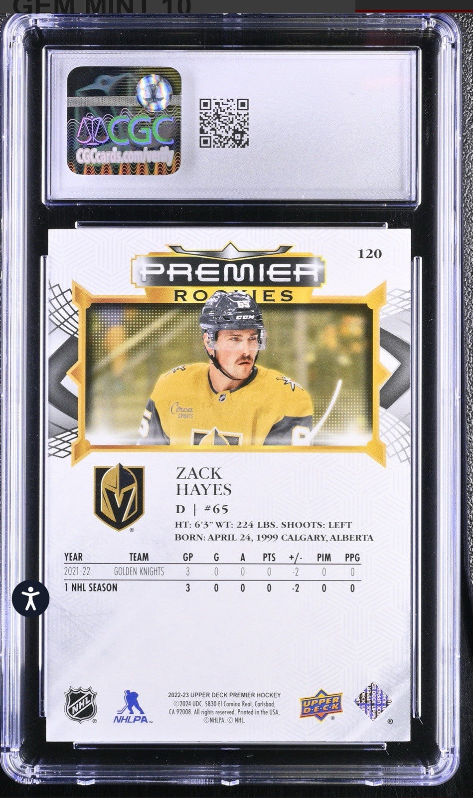 ‼️2022-23 Upper Deck Premier - Rookies Zack Hayes #120 /399 (RC) GRADE 10💨