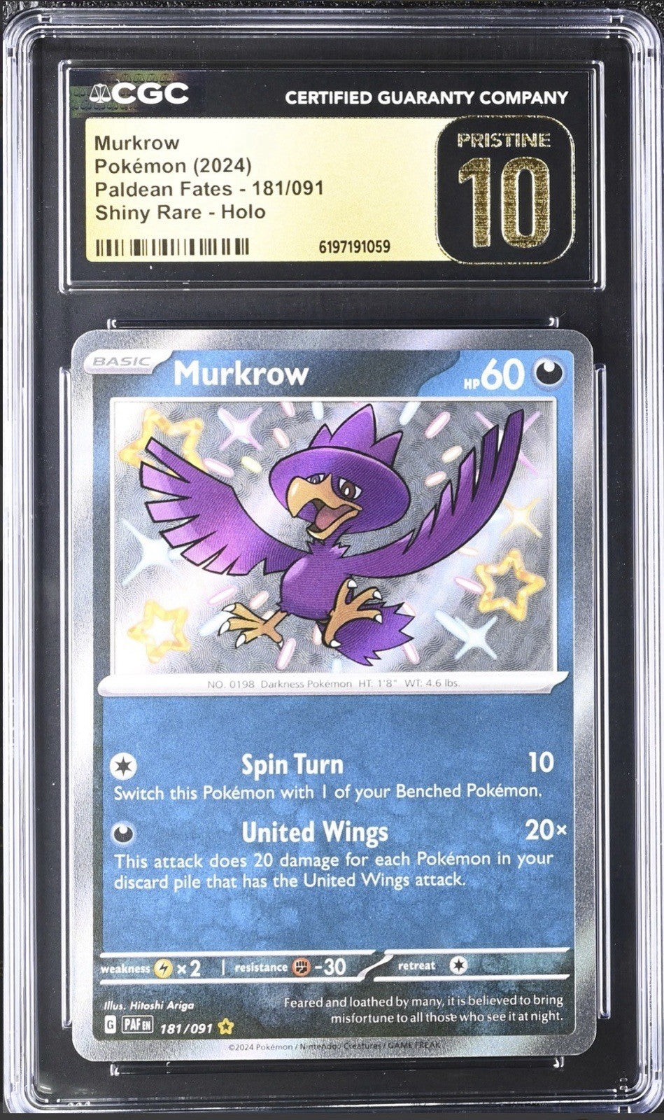 ⚠️ Murkrow 181/091 Paldean Fates Baby Shiny~PRISTINE 10 GOLD LABEL TOP POP 9!💨
