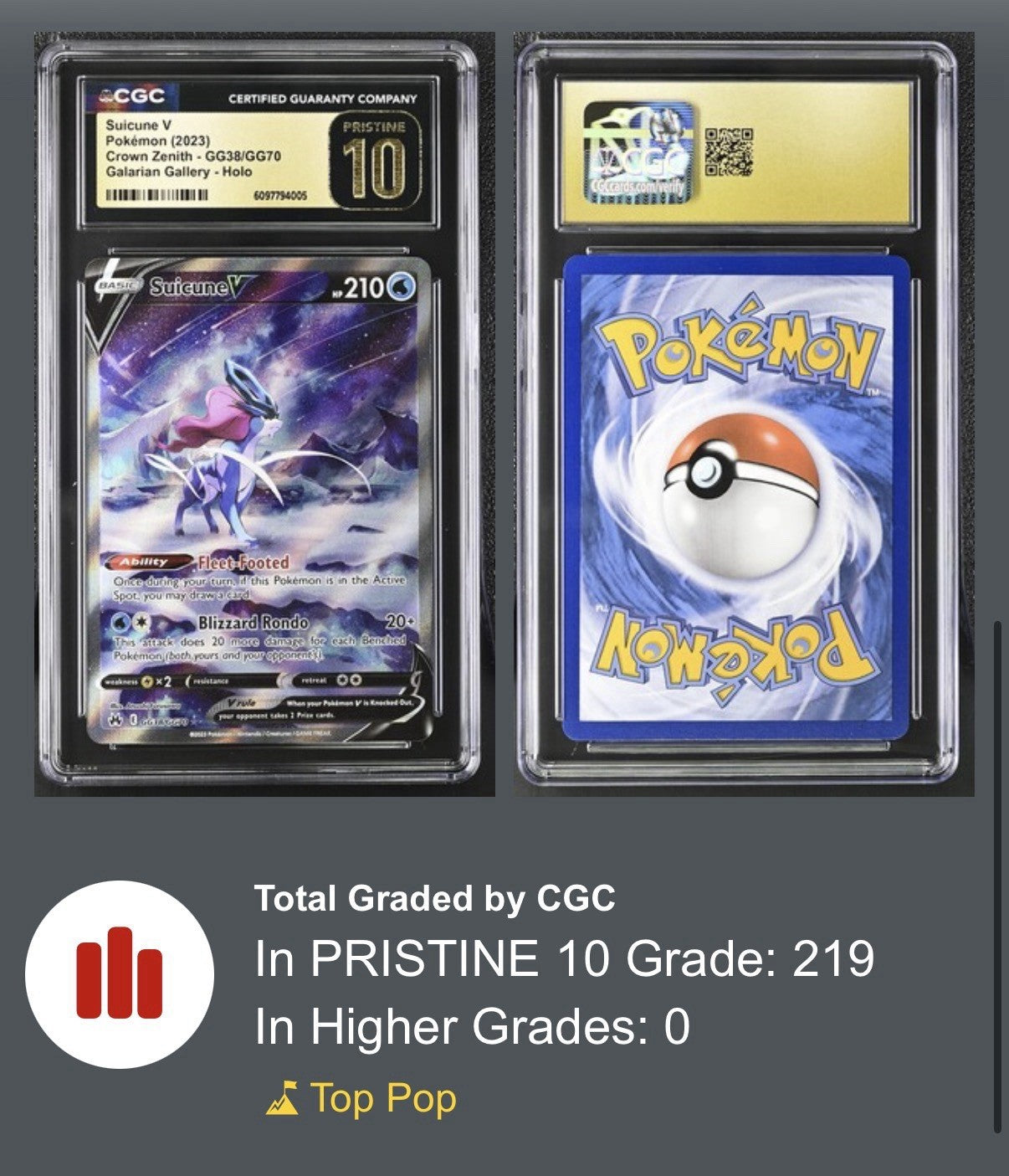 🌟Suicune V GG38 Crown Zenith Galarian Gallery GRADE 10 PRISTINE GOLD LABEL!💨
