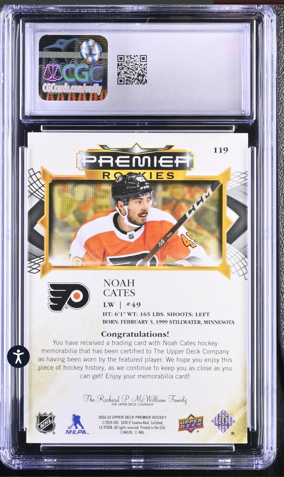 ‼️2022-23 Upper Deck Premier - Rookies Noah Cates #119 Autographs GRADED💨