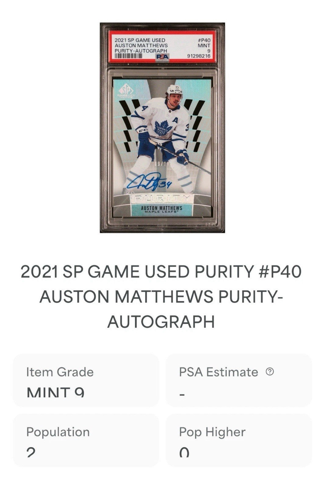 ‼️2021 SP GAME USED AUSTON MATTHEWS PURITY-AUTOGRAPH PSA GRADE 10!💨