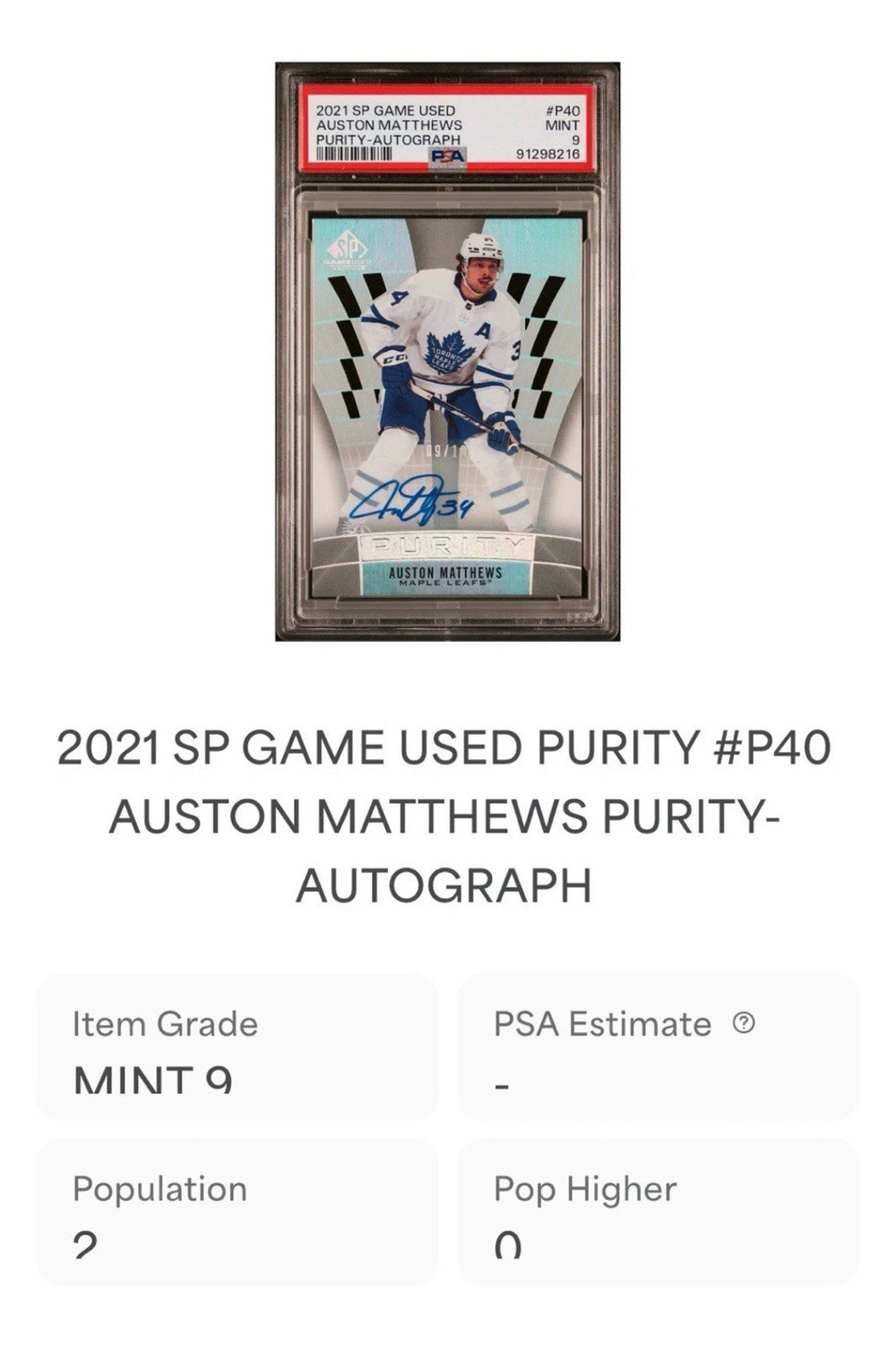 ‼️2021 SP GAME USED AUSTON MATTHEWS PURITY-AUTOGRAPH PSA GRADE 10!💨