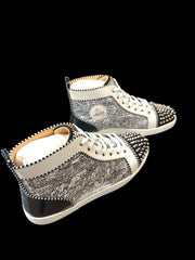 🚨CHRISTIAN LOUBOUTIN~LOU SPIKES ORLATO FLAT HIGH TOP RARE BLACK & WHITE SZ 47💨