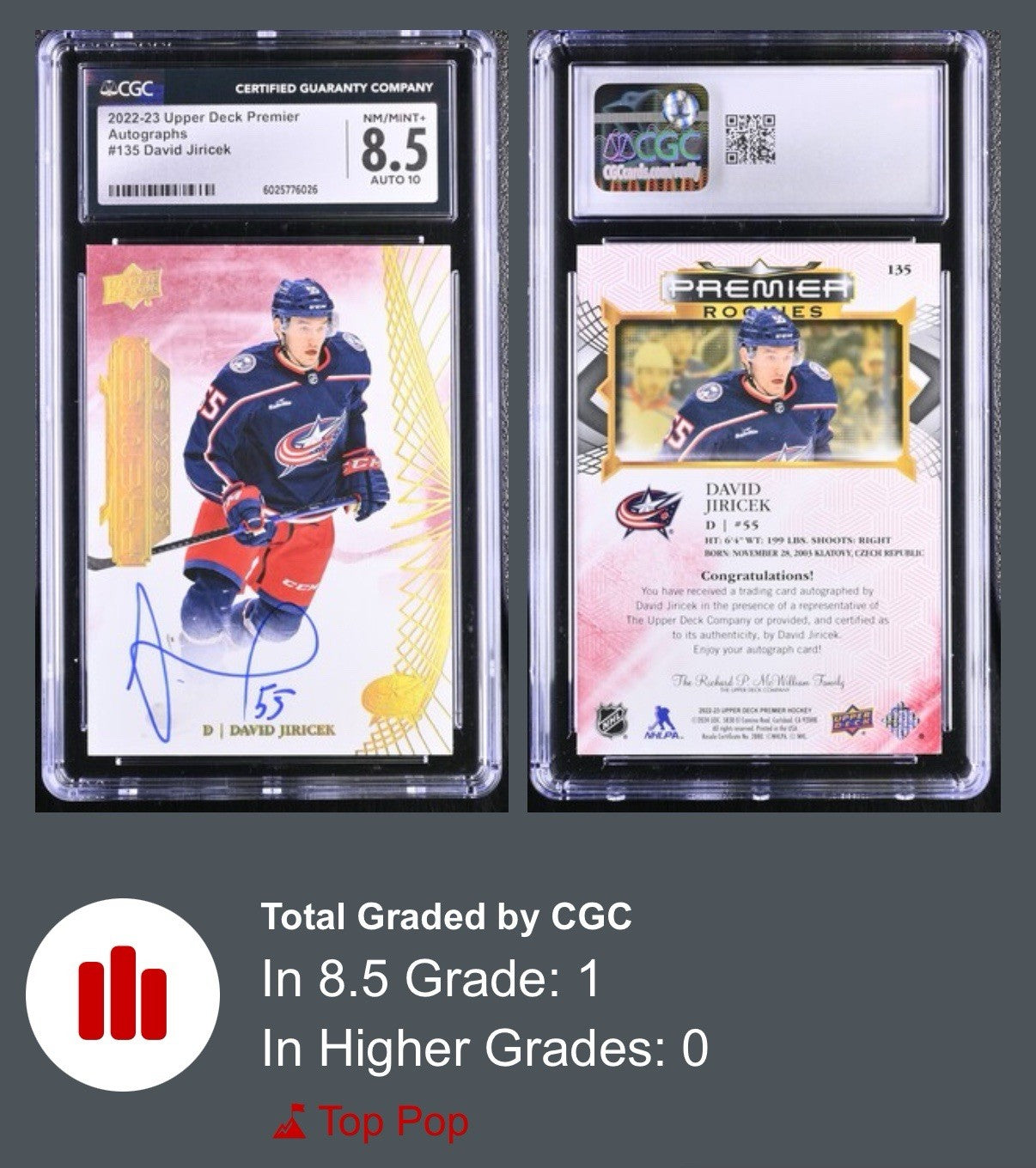 ‼️2022-23 Upper Deck Premier - Rookies David Jiricek #135 Gold Auto 10~POP 1!💨