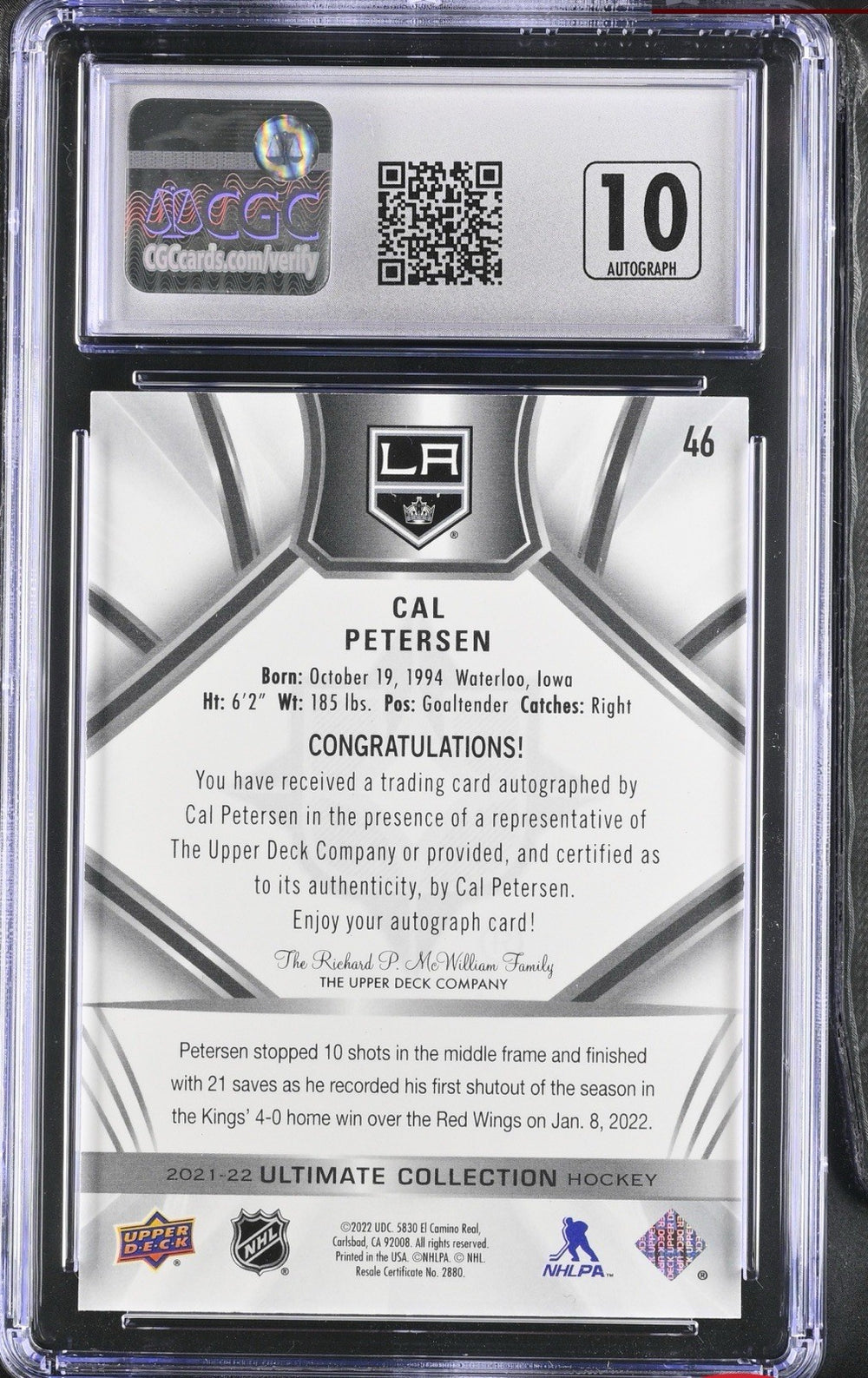 ‼️2021-22 Upper Deck Ultimate Collection~Cal Petersen #46 Autographs GRADE 10💨