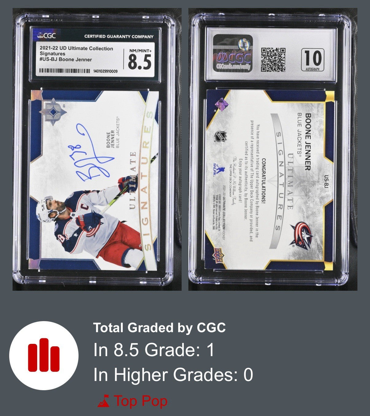 ‼️2021-22 UD Ultimate Collection Signatures Boone Jenner~GRADE 8.5~AUTO 10~POP 1