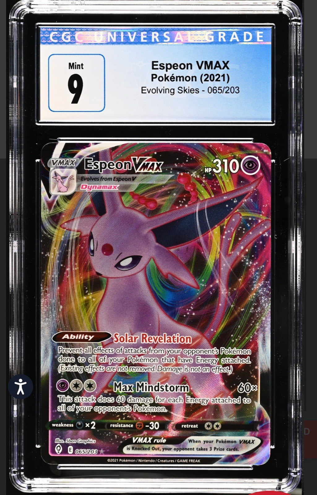 ‼️Espeon VMAX 065/203 SWSH07: Evolving Skies Holo~GRADE 9! SHIPS SAME DAY!💨