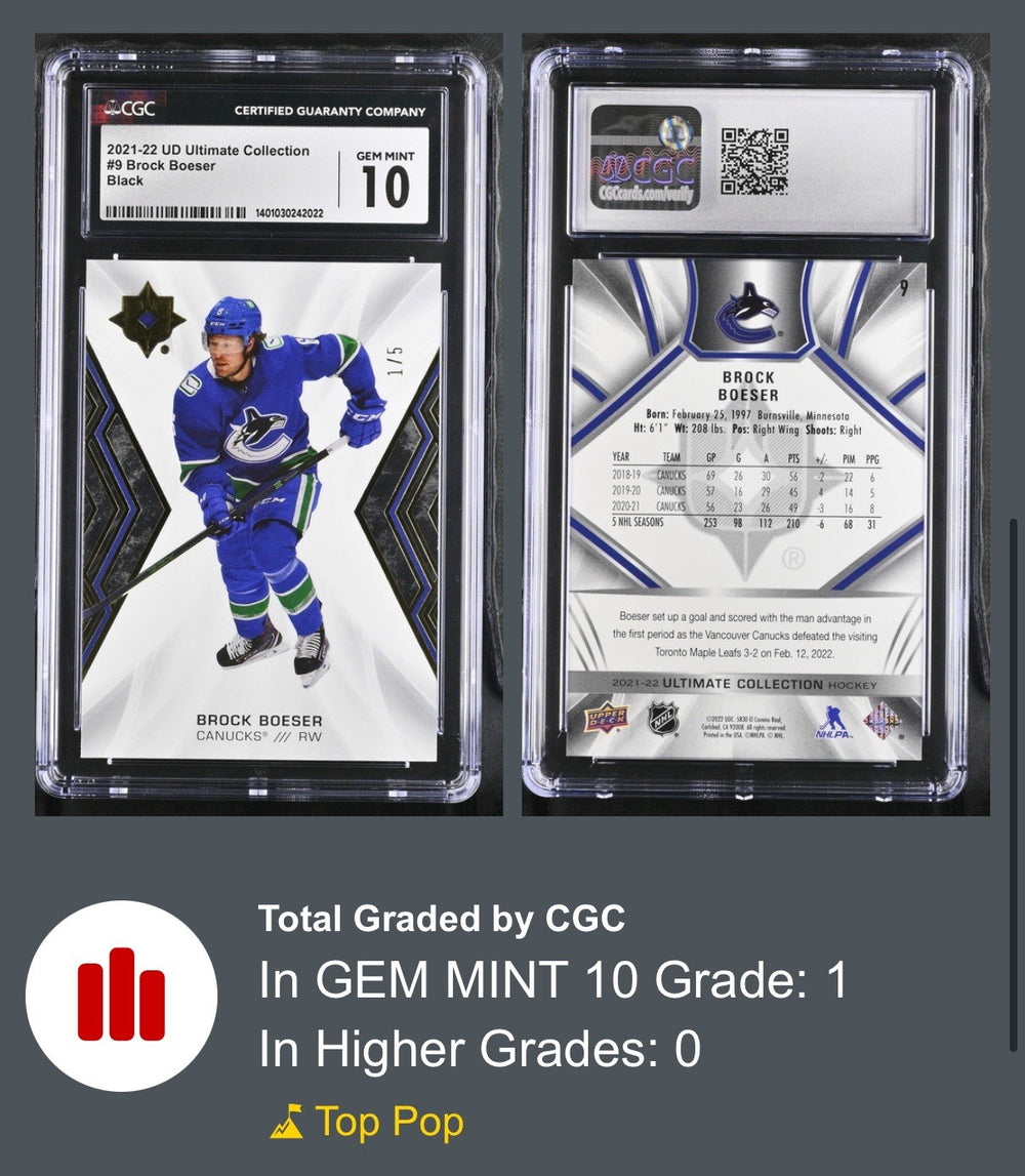‼️2021 UD Ultimate Collection #9 Brock Boeser Black~POP 1~GRADE 10~SHOOT OFFER💨