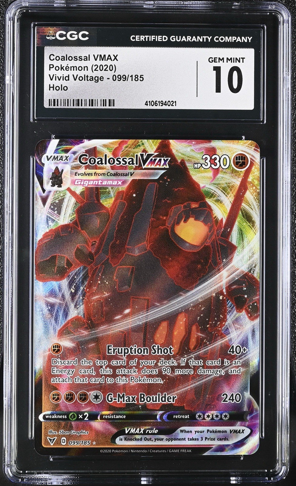 ‼️Coalossal VMAX 099/185 Swsh04: Vivid Voltage Holo GRADE 10! SHIPS SAME DAY!💨
