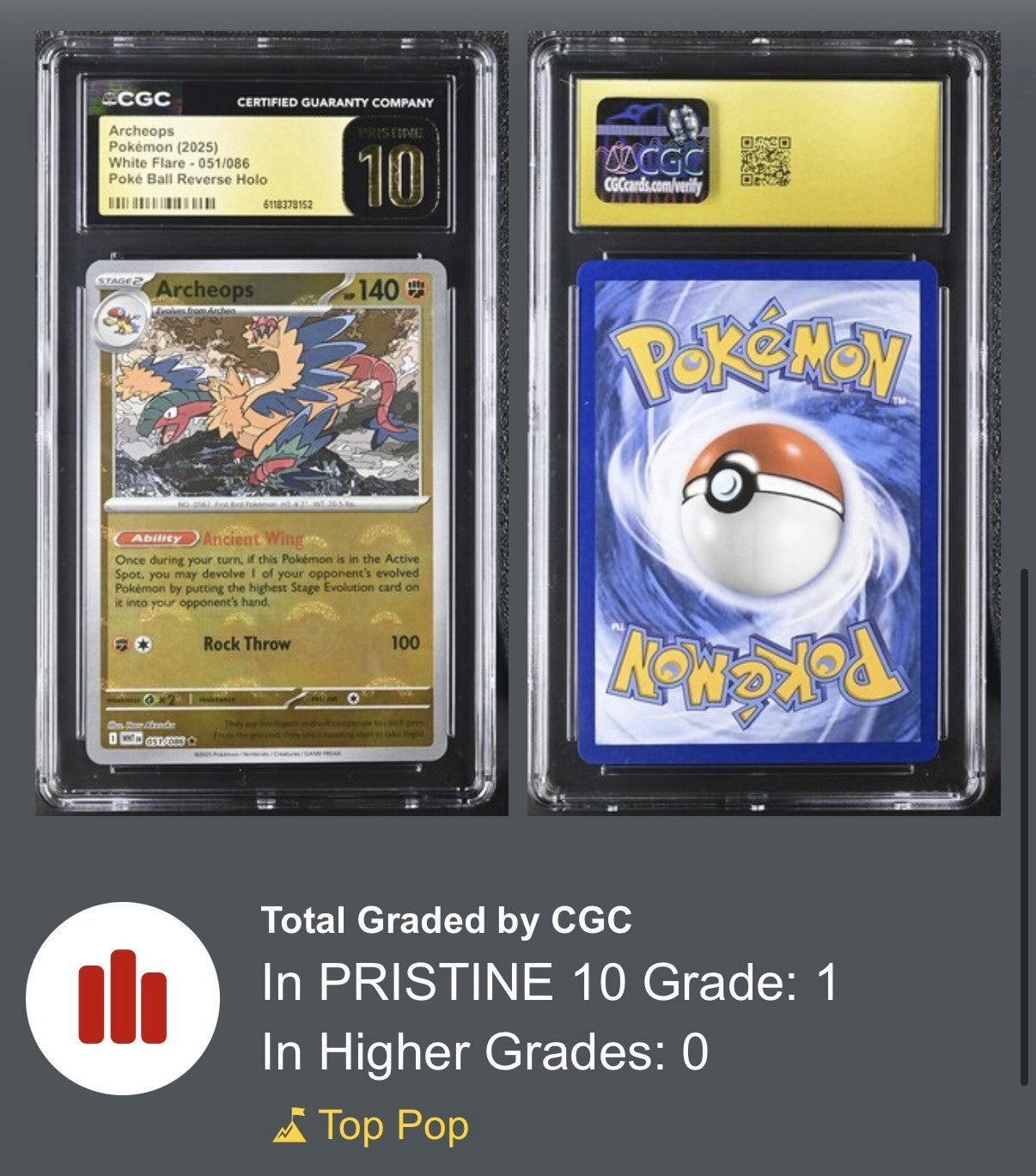 🚨 Archeops PokeBall #051 White Flare GRADE 10 PRISTINE GOLD LABEL TOP POP 1!💨