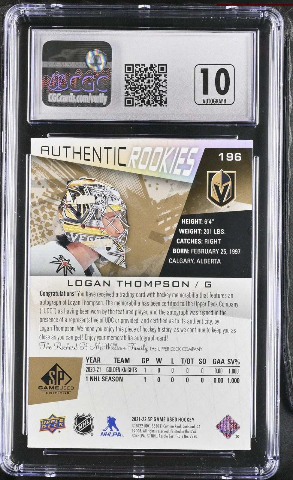 ‼️2021-22 SP Game Used Relics #196 Logan Thompson Gold GRADE 9~AUTO 10~POP 1!💨