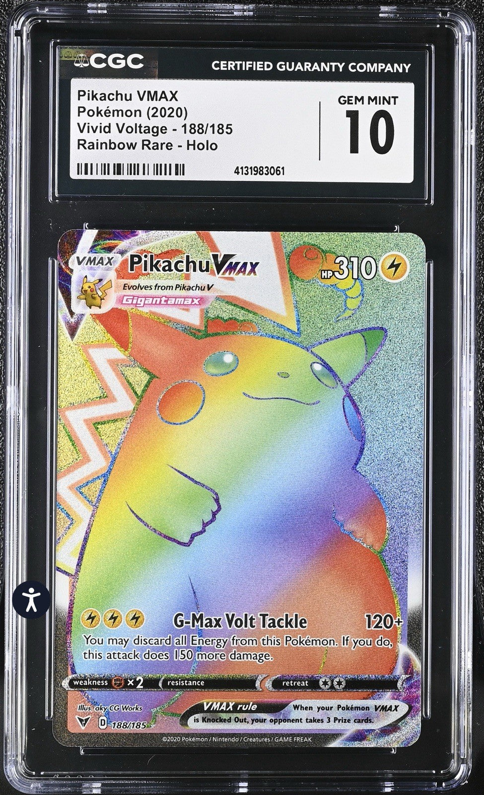 ‼️Pikachu VMAX Pokémon (2020) Vivid Voltage - 188/185 Rainbow Rare GRADE 10!💨