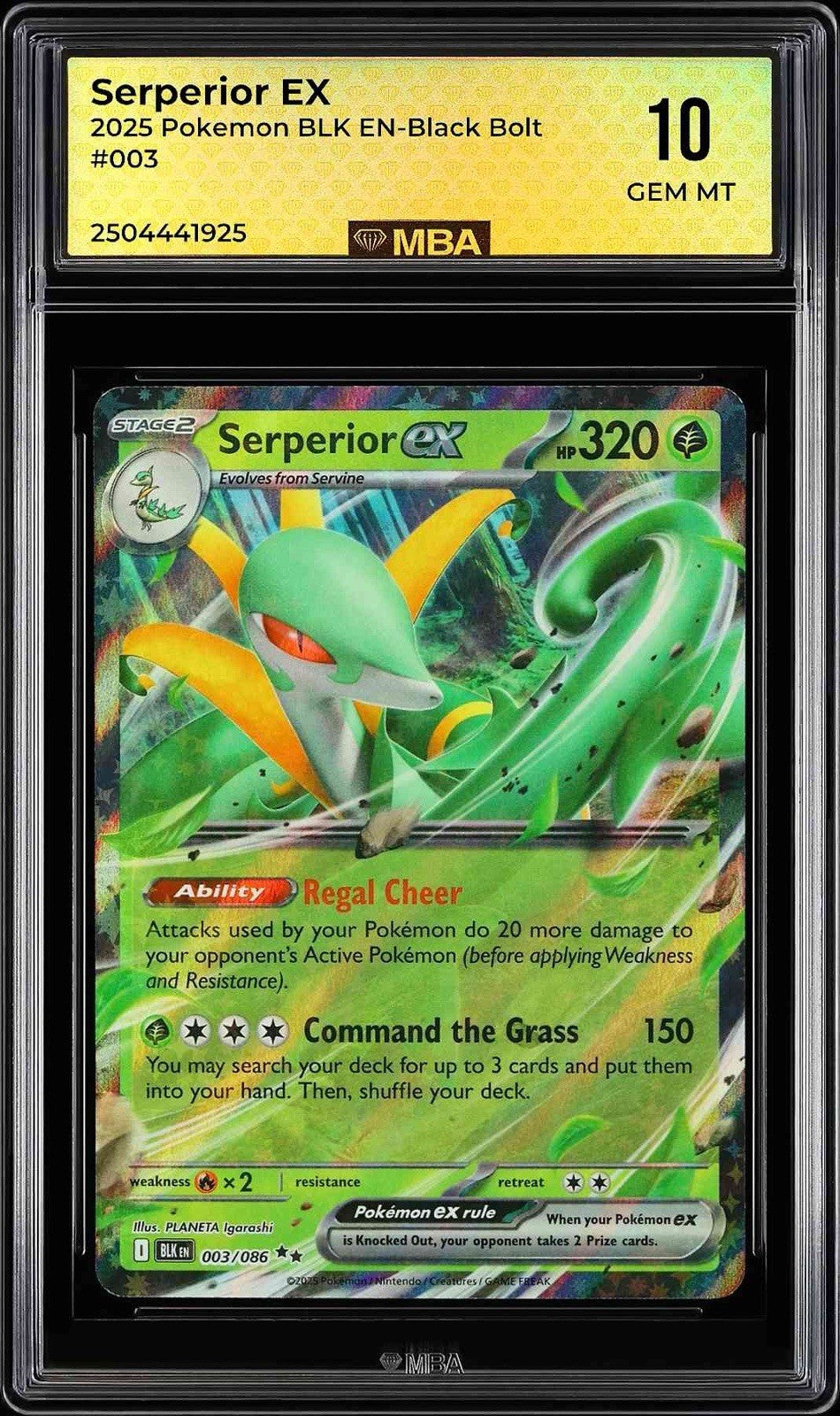 ⚠️ 2025 POKEMON BLACK BOLT #003 SERPERIOR EX MBA 10~FAST SHIP SHOOT OFFER!💨
