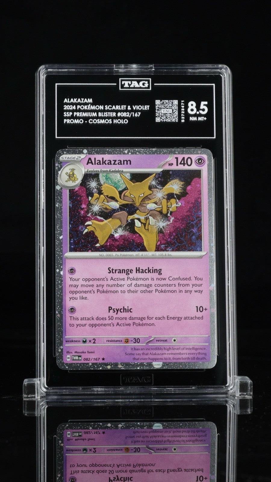 💜ALAKAZAM 2024 POKÉMON SCARLET VIOLET PREMIUM COSMOS HOLO TAG GRADE 8.5 #082💨