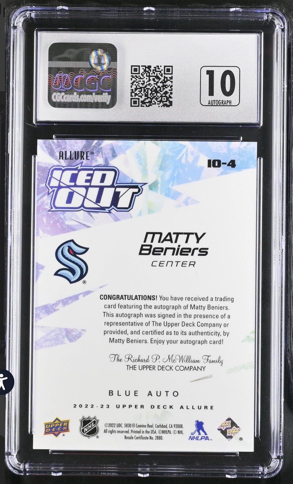 ‼️2022-23 Upper Deck Allure Iced Out AUTO 10~GRADE 9 #I0-4 Matty Beniers POP 1💨