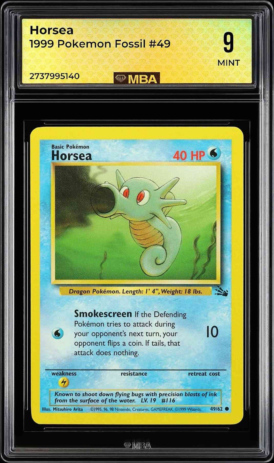 ⚠️ Horsea 49/62 Pokemon Fossil Regular~ MBA GRADE 9~ FAST SHIP SHOOT OFFER!💨