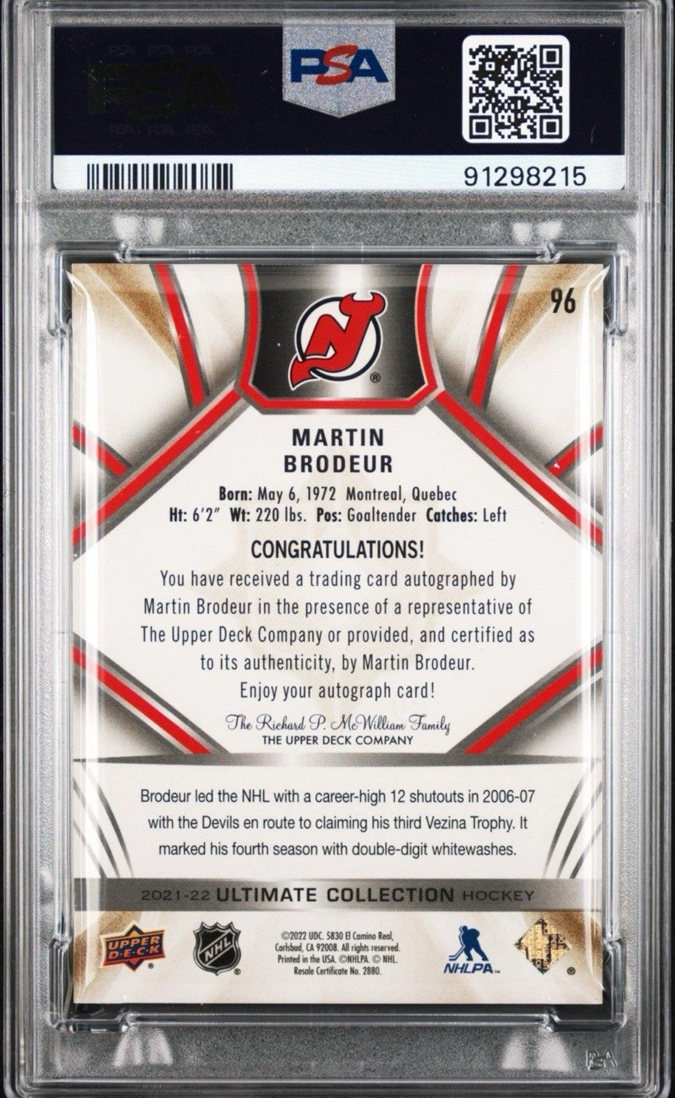 ‼️2021 ULTIMATE COLLECTION MARTIN BRODEUR AUTOGRAPH-GOLD PSA 9! SHIPS SAME DAY💨