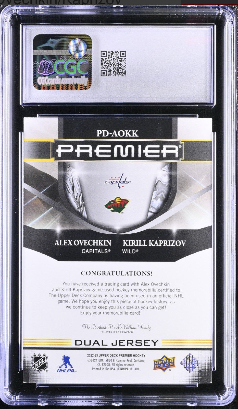 ‼️2022-23 Upper Deck Premier Dual Jerseys #PD-AOKK Ovechkin/Kaprizov~ POP 1💨