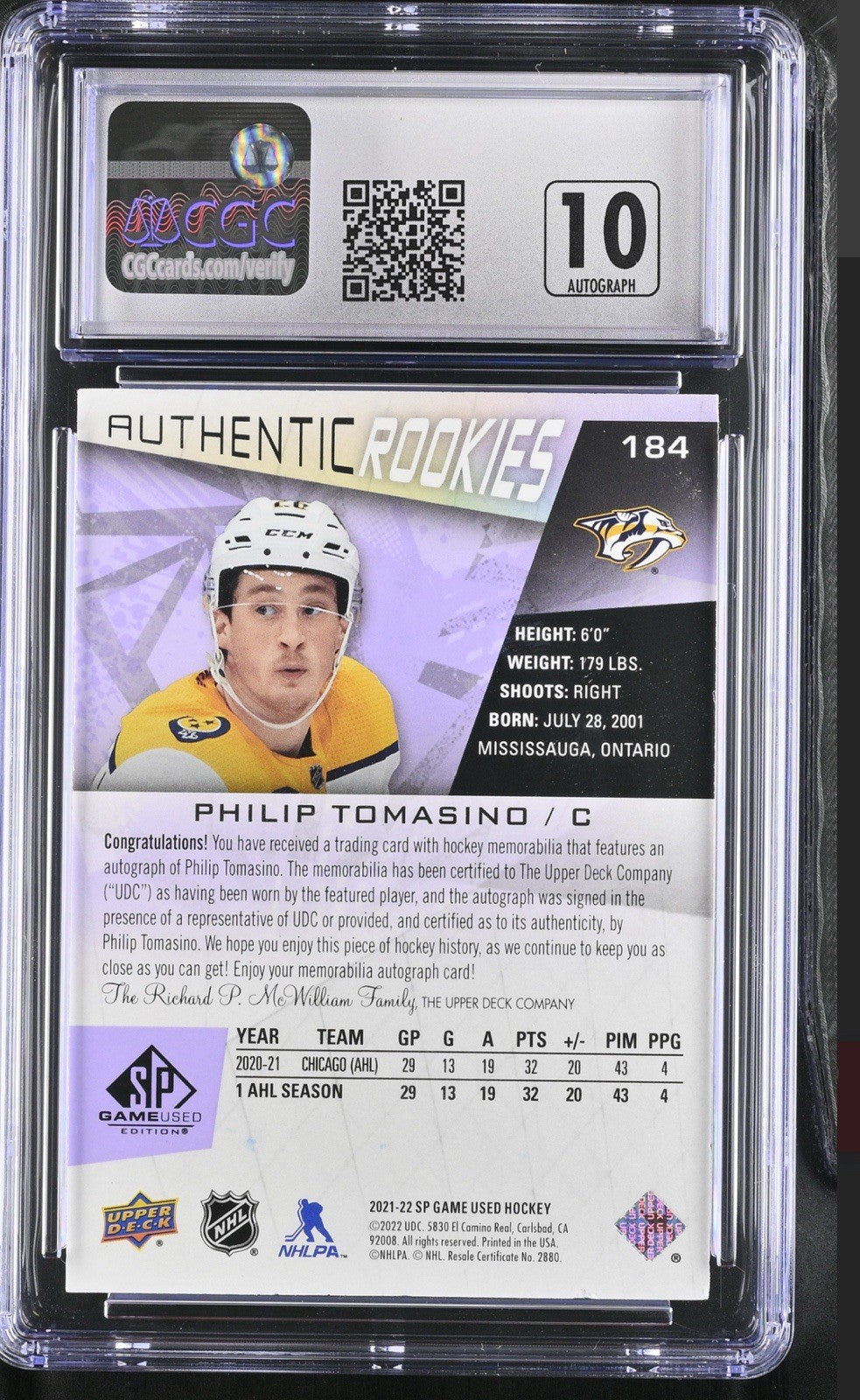 ‼️2021 SP Game Used Relics #184 Philip Tomasino Purple CGC 7~AUTO 10~POP 1💨