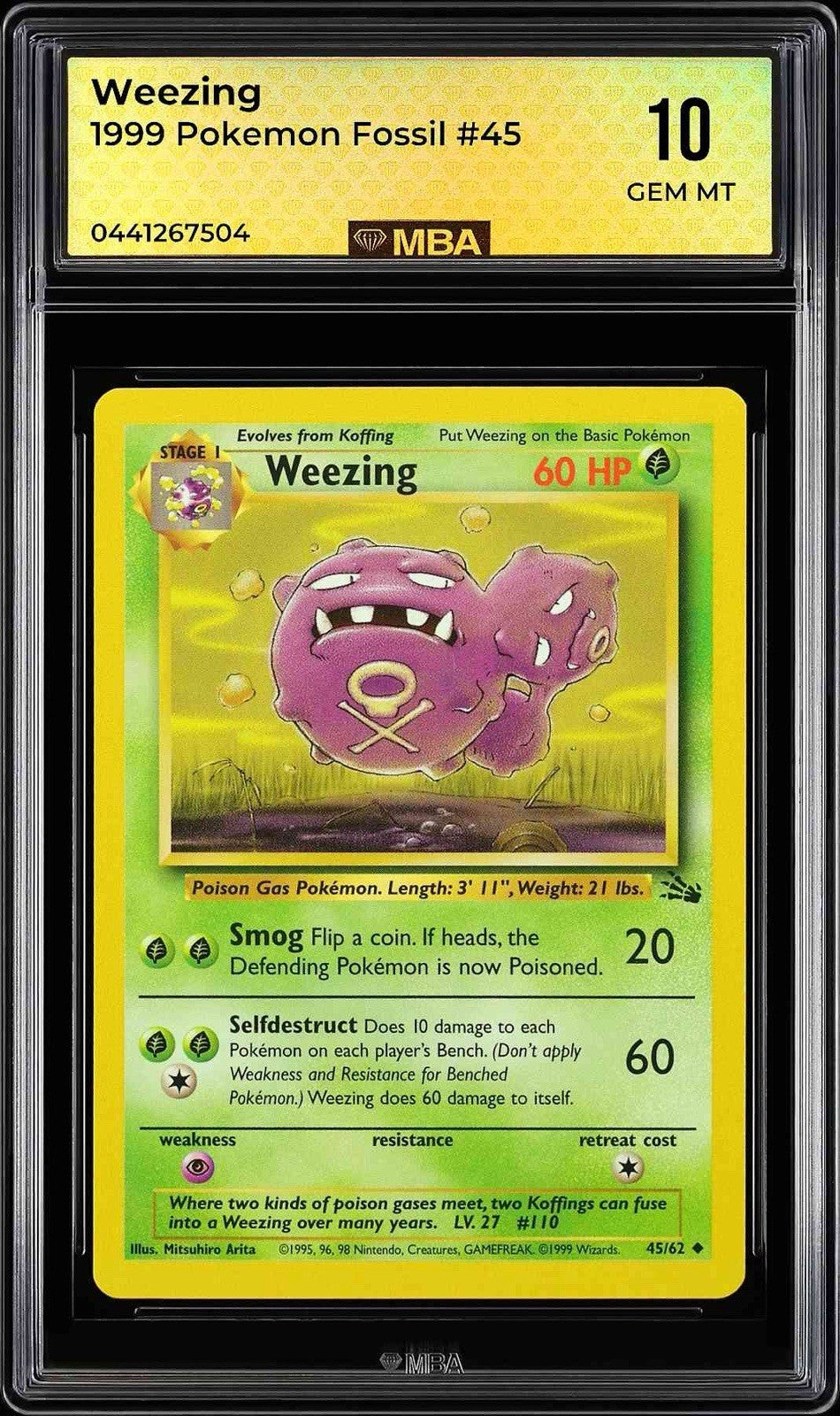 ⚠️ Weezing 45/62 Pokemon Fossil Regular~ MBA GRADE 10~ FAST SHIP SHOOT OFFER!💨