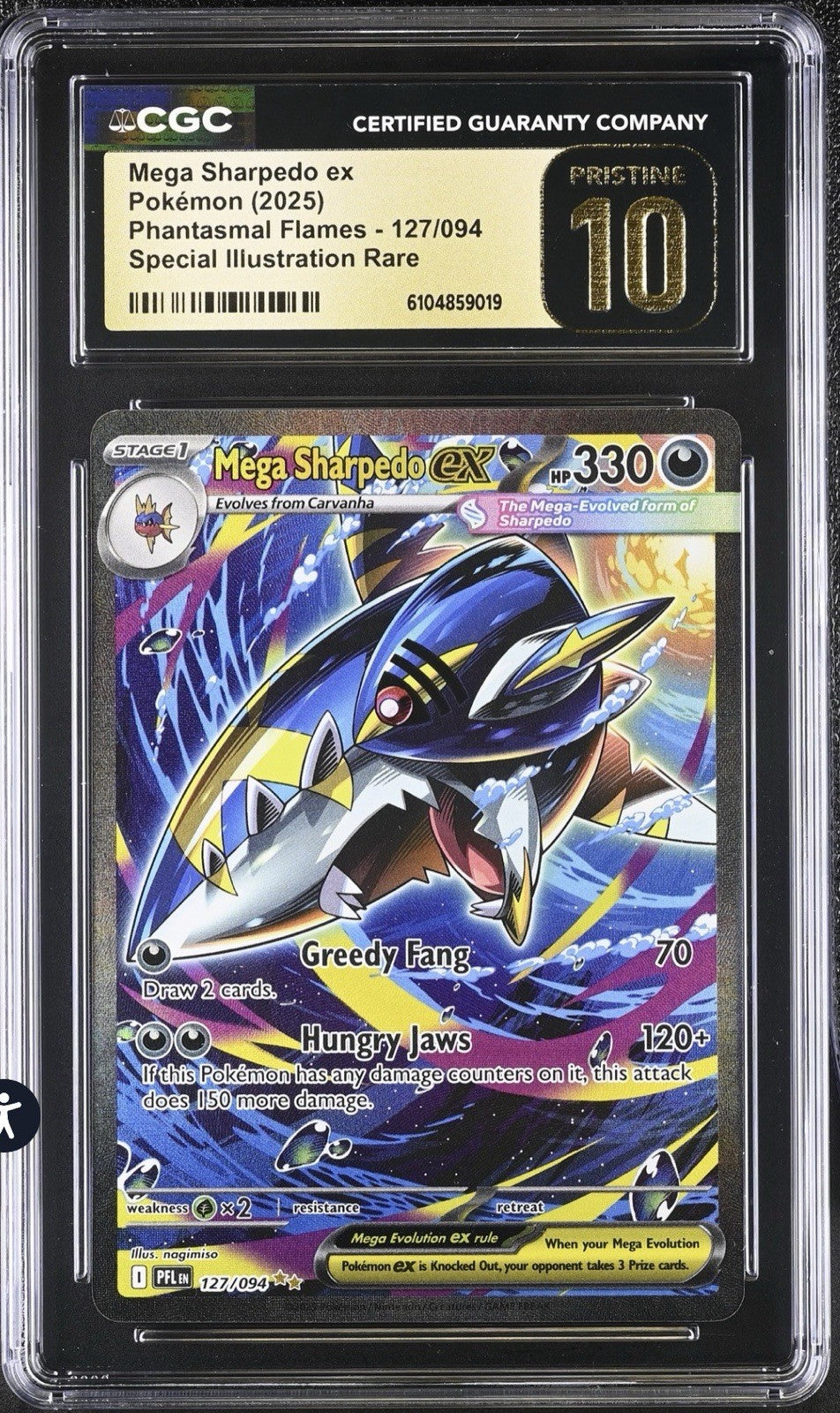 ‼️Mega Sharpedo ex #127 Phantasmal Flames GRADE 10 PRISTINE GOLD LABEL TOP POP💨