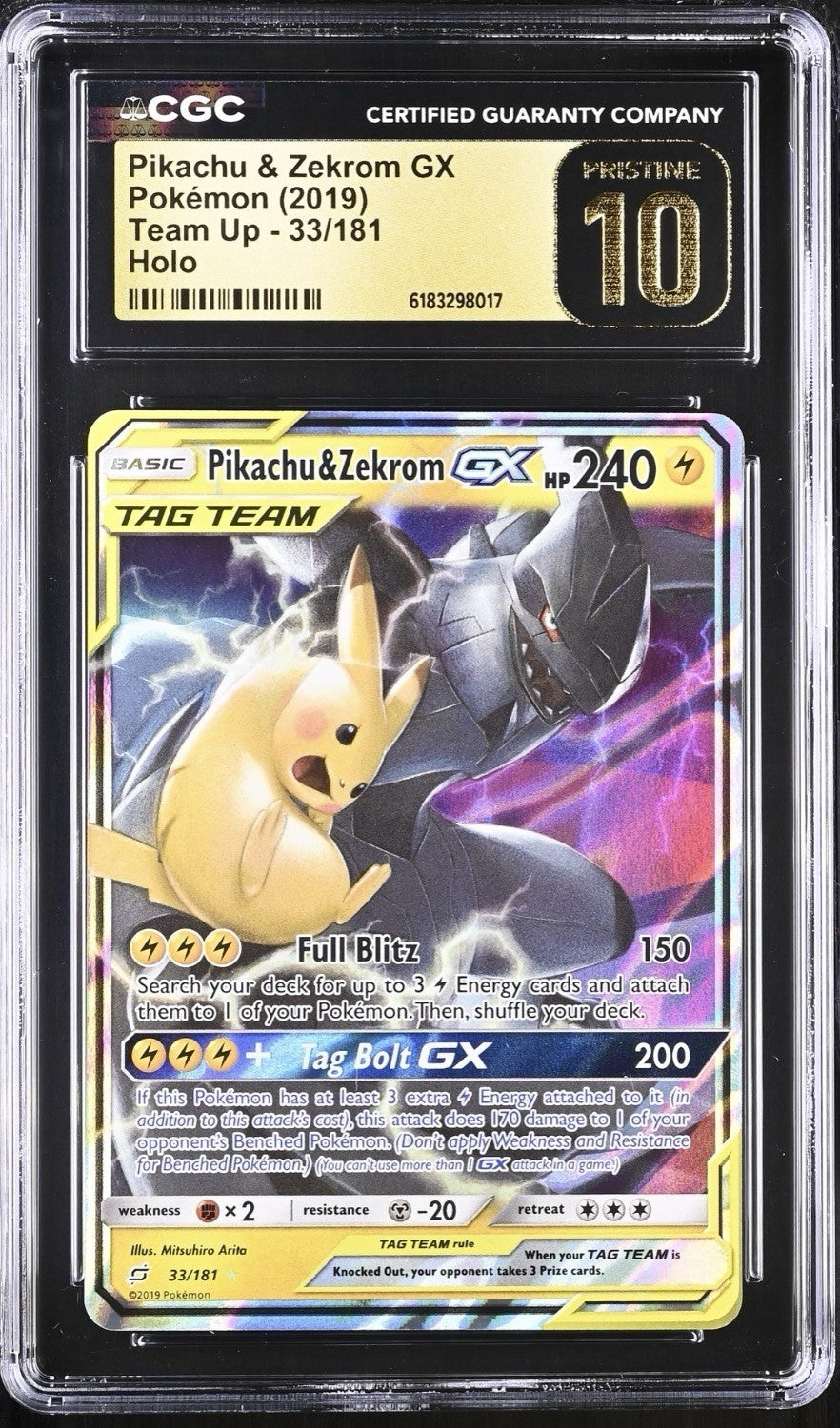 🔥 Pikachu & Zekrom GX #33 Pokemon Team Up Holo~PRISTINE 10 GOLD LABEL LOW POP💨