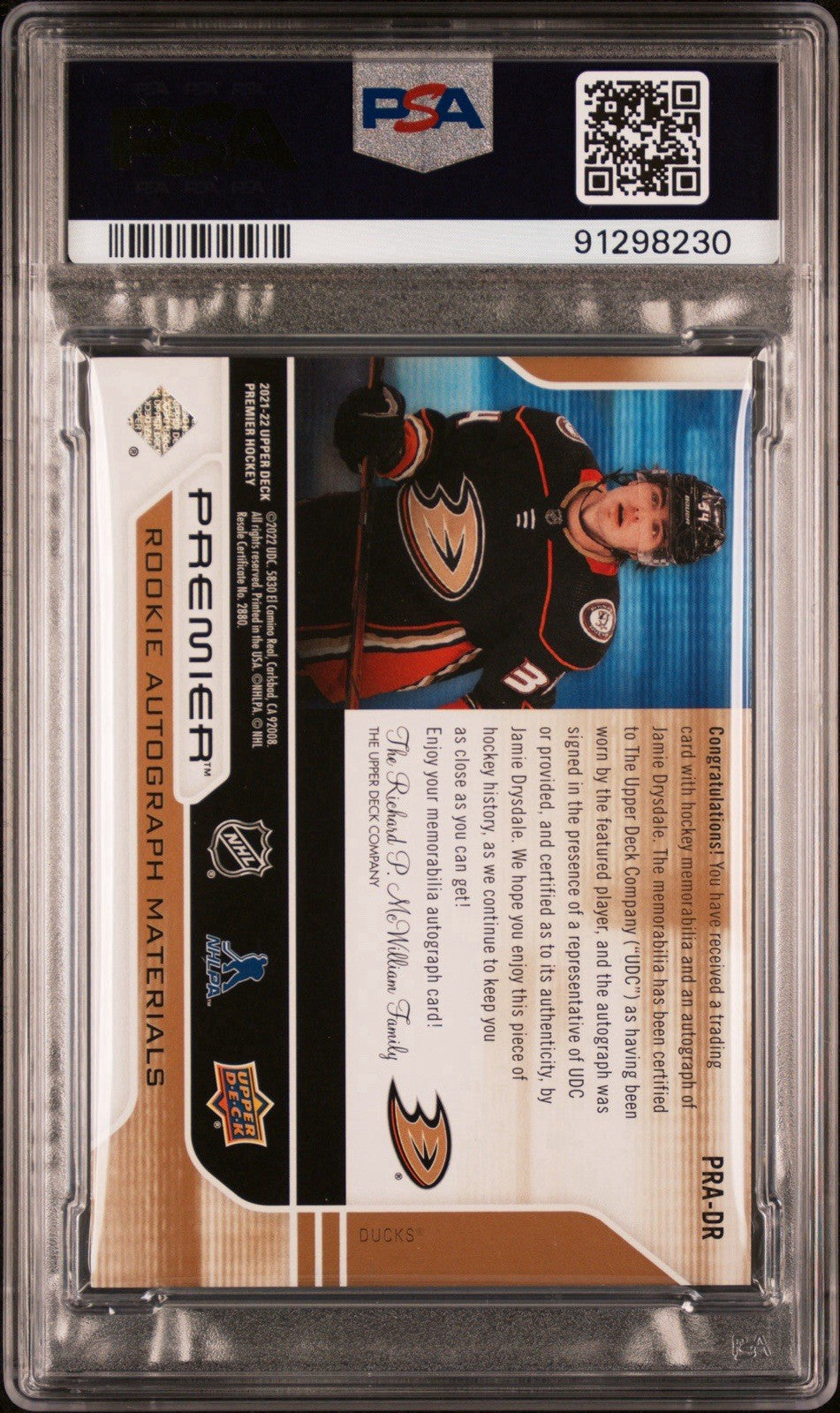 ‼️2021 UD PREMIER JAMIE DRYSDALE ROOKIE PATCH PSA 9~POP 1~SHOOT OFFER~15/15💨