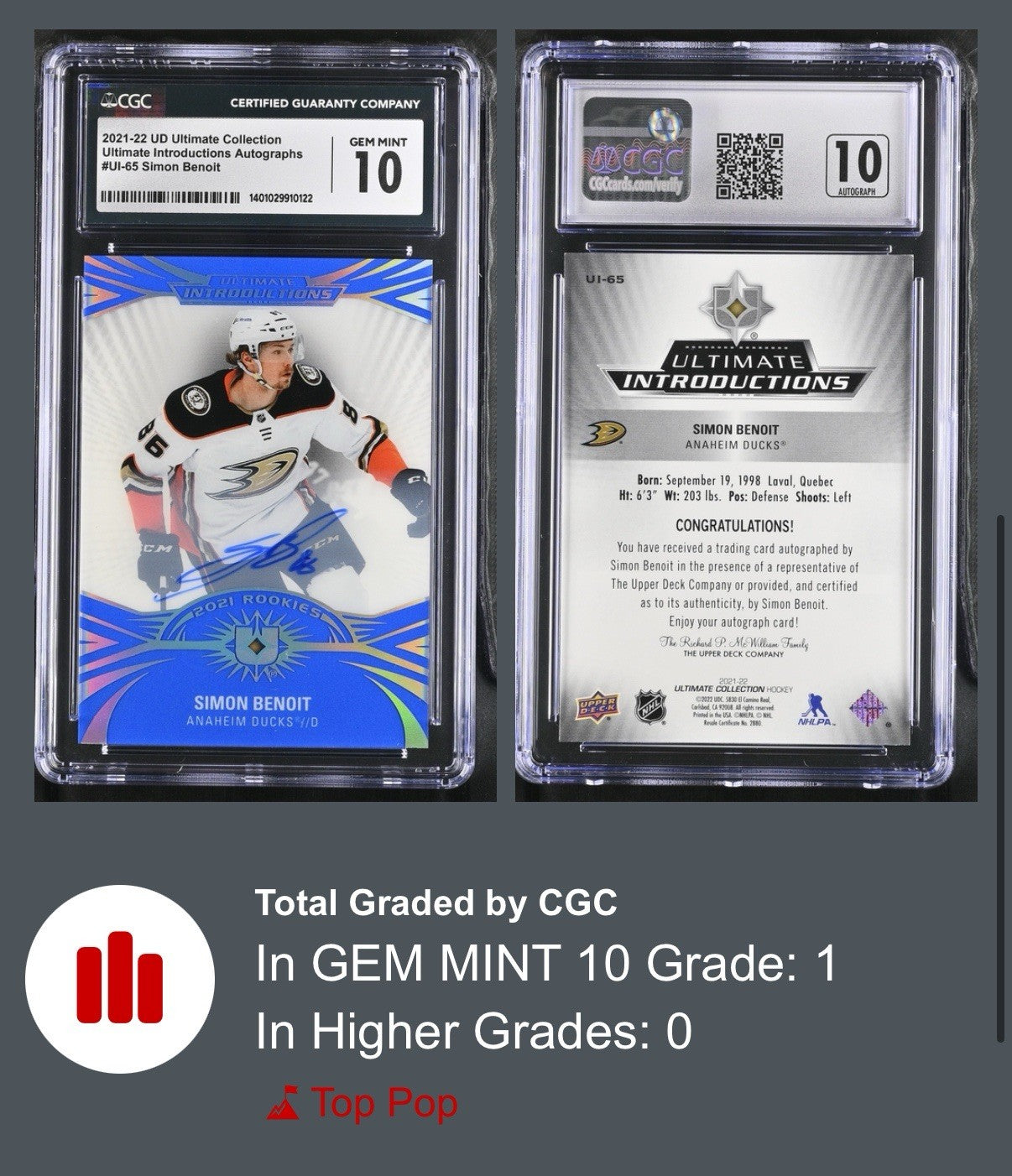 ‼️2021-22 UD Ultimate Introductions Autograph #UI-65 Simon Benoit GRADE 10~POP 1
