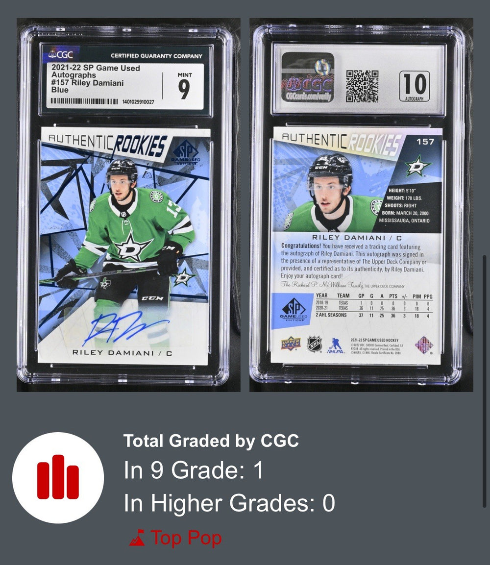 ‼️2021-22 SP Game Used Autographs #157 Riley Damiani Blue CGC 9~AUTO 10~POP 1💨
